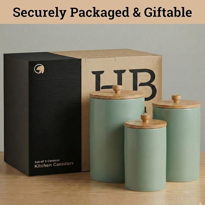 Ceramic Kitchen Canisters for Countertop Set of 3 with Airtight Bamboo Lids - Sage Kitchen Canisters with Airtight Lids - Flour Sugar Canister Set - Flour and Sugar Containers Farmhouse - Coffee Jar