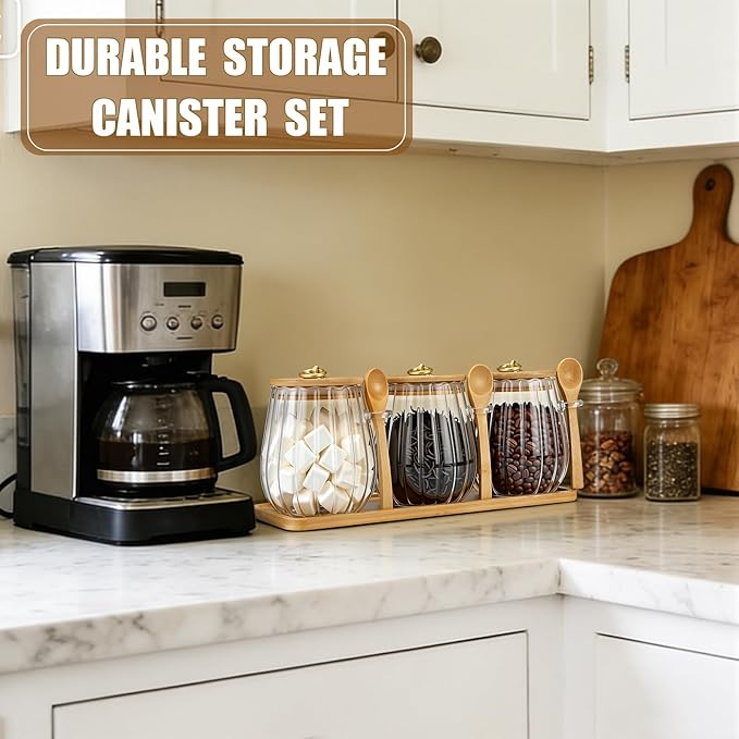Suclain 3 Pcs Coffee Tea Sugar Container Set 40oz Glass Jars with Wooden Lid Spoon Shelf Labels Airtight Sugar Canister Metal Handle Farmhouse Coffee Bar Kitchen Food Storage for Spice Powder(Oval)