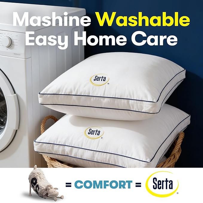 Serta Hotel Collection Bed Pillows Queen/Standard Size Set of 2, 400 Thread Count 100% Cotton Cover, Medium Soft, Support Gusseted Down Alternative Pillow for Back, Stomach or Side Sleepers, 18" x 26"