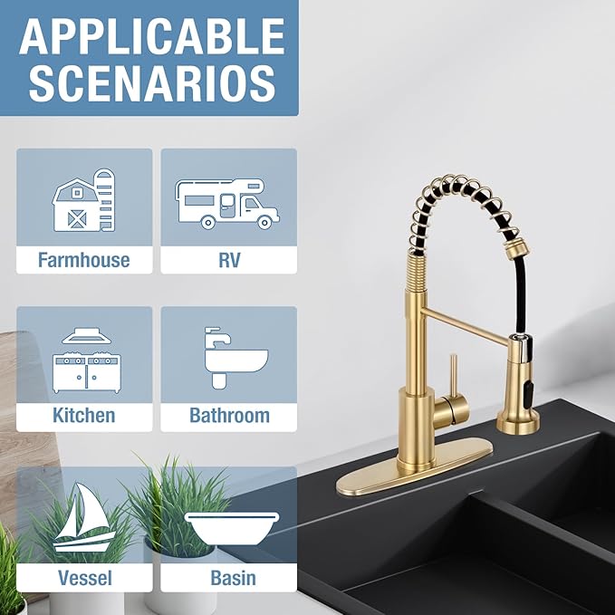 DJS Kitchen Faucets with Pull Down Sprayer Brushed Gold -Single Handle 1 or 3 Holes Spring Kitchen Sink Faucet with Deck Plate for Farmhouse RV Vessel Basin