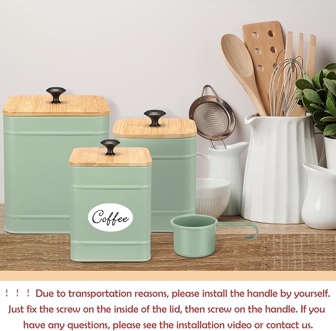 Tioncy Kitchen Canisters for Countertop Set of 3 Metal Canisters Sets with Bamboo Lids Spoon Airtight High Capacity Coffee Tea Sugar Flour Jars with DIY Labels Farmhouse Food Storage(Green,L,M,S)