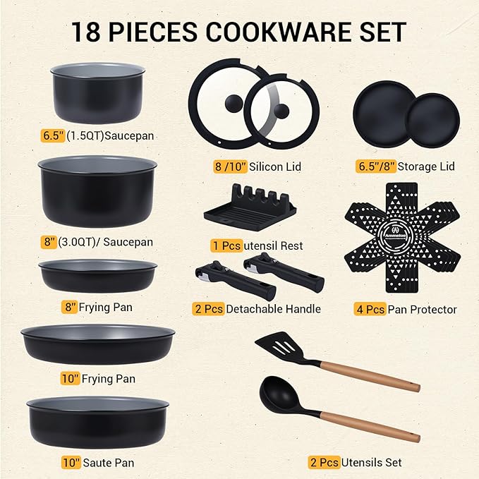 Ammeloo 18-Piece Ceramic Pots and Pans Set Non Stick, Non Toxic Cookware Set with Removable Handles, Pot Sets for Cooking, Induction Ready, Dishwasher & Oven Safe, PFAS PFOA & PTFE Free (Black)