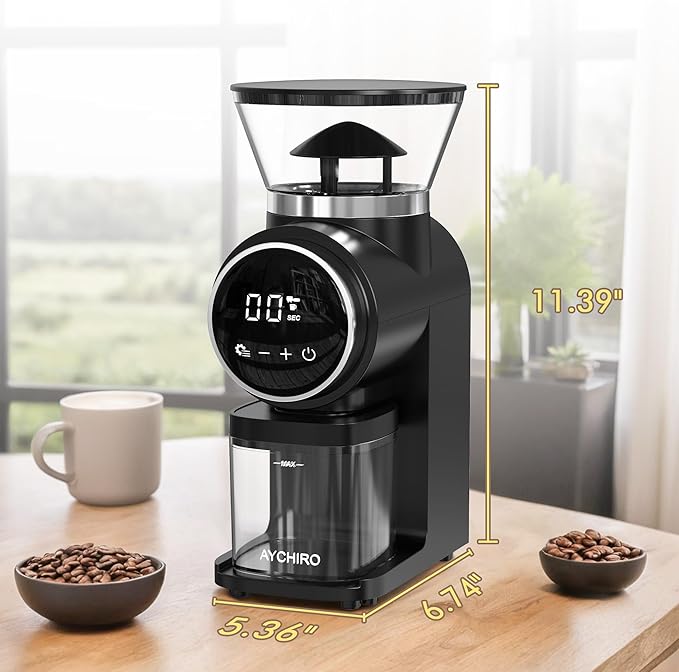 AYCHIRO Electric Conical Burr Coffee Grinder, Touchscreen Coffee Grinder for Home Use, Compact Burr Mill Grinder with 30 Grind Settings, Detachable Hopper & Coffee Container, Black