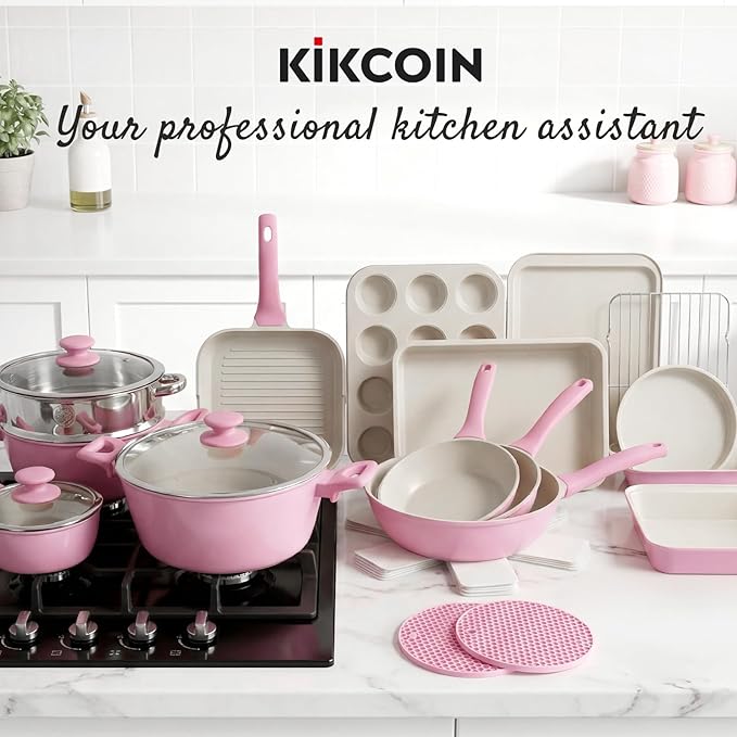 Kikcoin Pots and Pans Set Non Stick 31 Piece Kitchen Nonstick Cooking Cookware Sets with Grill Pan Saucepan Baking Sheet Utensil, Pink