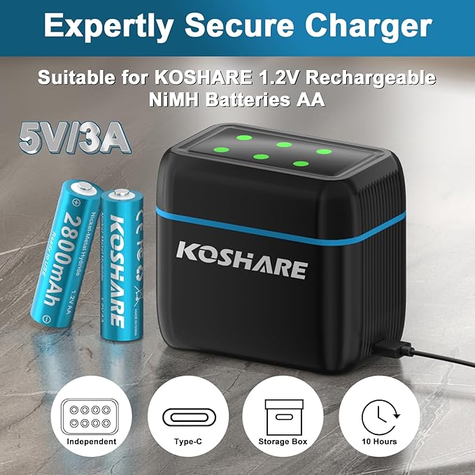Rechargeable Batteries Ni-MH AA with Charger,8 Pack 1.2V 2800mAh AA Ni-MH Battery,High Capacity Double A Battery, Rechargeable up to 800 Times, Pre-Charged (Black+Blue, 8AA+8Slot Charger)
