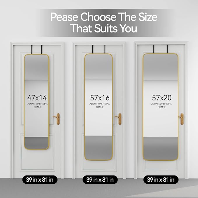 SCWF-GZ 57x16 Full Length Mirror Over The Door Hanging, Floor Stand/Wall Mounted Aluminum Alloy Frame Dressing Mirror for Bedroom Living Room 57 inch Gold