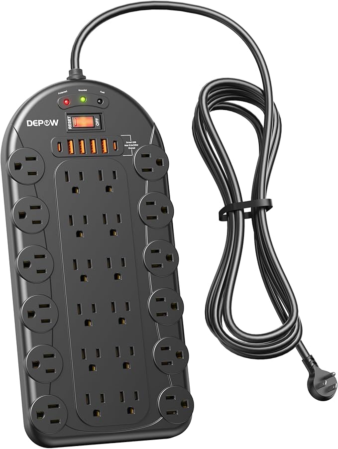 DEPOW Power Strip, 24 AC Outlets (1875W/15A) with 6 USBs (2 USB-C Ports), ETL Listed, Surge Protector (3,400 Joules), 8 Ft Heavy Duty Flat Plug Extension Cord, Wall Mountable for Home, Office, Black