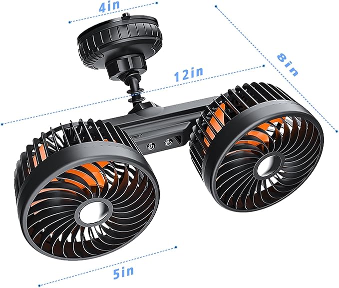 Dual Head Suction Cup Car Cooling Fan for Window Dashboard, 4000Mah Battery Powered Rechargeable USB Car Fans That Blow Cold Air, Cooler for Semi Truck Rv Van Tractor Cab Vehicles without Ac