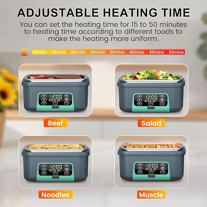 Cordless Electric Heated Lunch Box, XL 6.3Cups Rechargeable Food Warmer Lunch Box with Self Heating, Smart Timer, Adjustable Temperature, Leakproof, BPA Free, Removable Divider Dark Gray