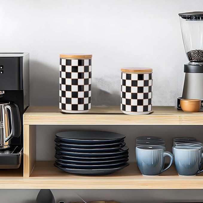 Kitchen Countertop Ceramic Checkered Canisters,Black And White Food Storage Containers With Lid,Airtight Kitchen Canisters for Flour, Sugar, Coffee, Tea, and Dry Goods (Black, Small)