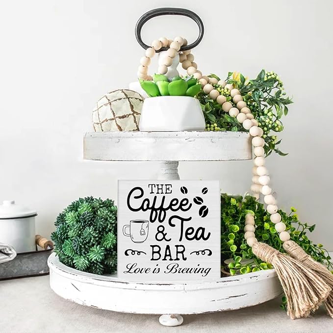 Coffee & Tea Bar Sign Decor, Coffee Tea Station Accessories, Farmhouse Kitchen Wooden Sign Desk Table Decor