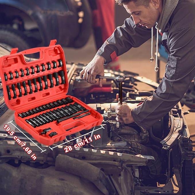 AOBEN 1/4-Inch Drive Impact Socket Set, 54 Pieces, 6 Point, SAE/Metric, (5/32" - 9/16" ,4mm -15mm),Deep/Shallow, Cr-V Steel, Includes Extension bars and Socket Adapter
