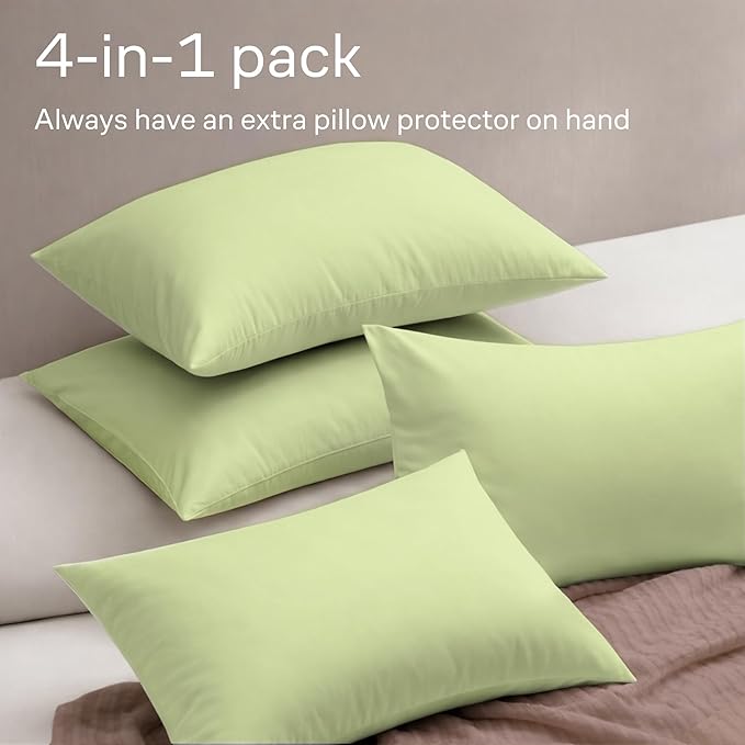Ultra Soft Pillow Protectors with Zipper Queen Size - Set of 4 Breathable Pillow Covers - 100% Protection Against Stains, Dust & Dirt - Machine Washable (Sage)