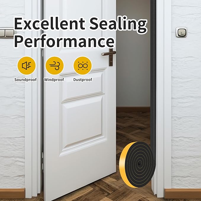 Weather Stripping Door Seal,Weather Stripping,Soundproof,Cold Insulation,High Density CR Foam Insulation Tape for Door, Front Door Frame, Windows,Sliding Door (Black, 1 in x 3/8 in x 13Ft)