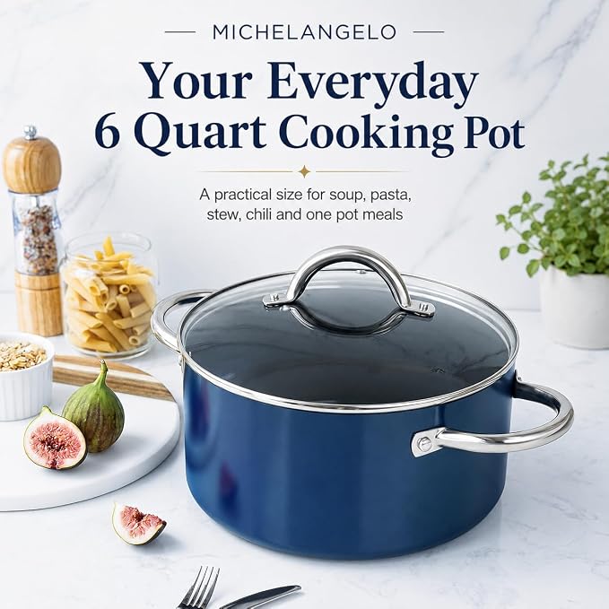 MICHELANGELO 6 Qt Ceramic Nonstick Stock Pot with Lid, Induction Ready | Ceramic nonstick coating | Stay-cool handles | Ideal for soups, pasta, stews and family meals