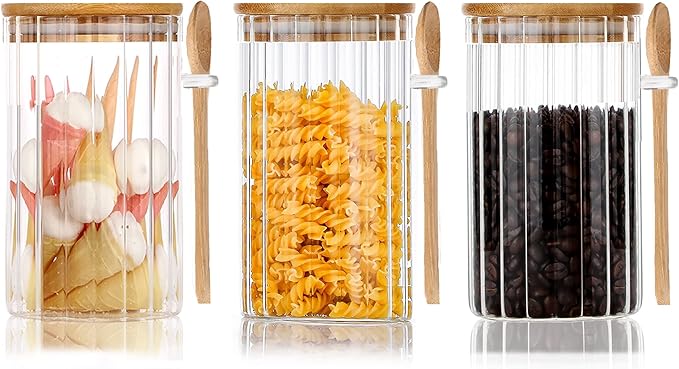 Steviieden 25 FL OZ Airtight Glass Jars with Bamboo Spoons Lids Overnight Oats Container Decorative Coffee Bar Food Storage Jar Cereal Nuts Salts Coffee Tea Flour Sugar Container Spice Jars