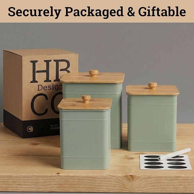 Kitchen Canisters for Countertop Set of 3 with Customizable Chalkboard Labels & Marker Pen - Big Iron Kitchen Canisters with Airtight Lids - Sage Green Canister Set - Flour and Sugar Containers