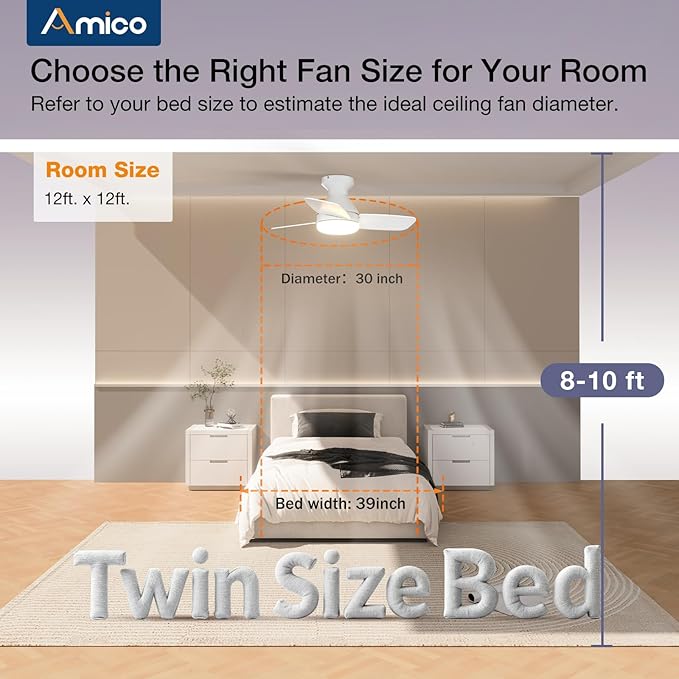 Amico Ceiling Fans with Lights, 30 inch Low Profile Ceiling fan with Light and Remote Control, Flush Mount, Reversible, 3CCT, Dimmable, Noiseless, White Ceiling Fan for Bedroom, Indoor/Outdoor Use