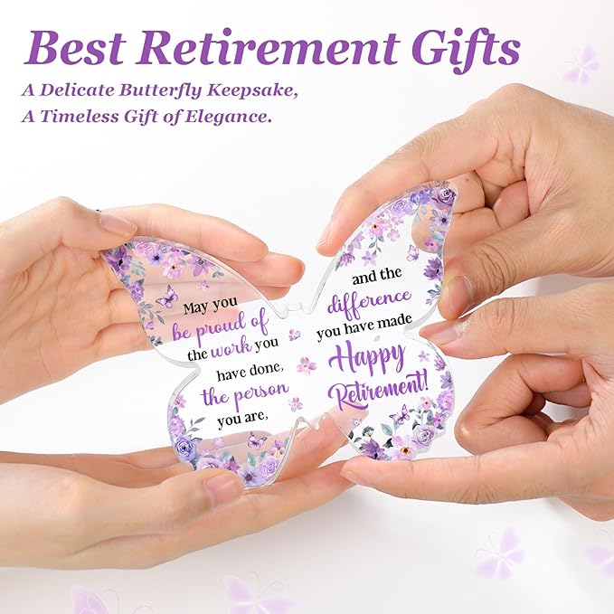 Unique Retirement Gift for Woman Men 2026, 5x3.8x0.5 Inch Purple Butterfly Acrylic Plaque Decor with Warm Words, Best Retirement Gifts for Coworker Teacher Friend Nurse Boss