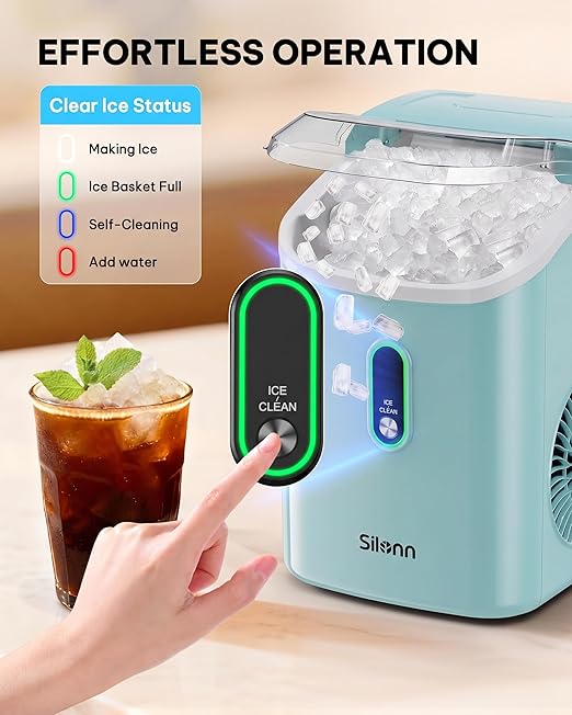 Silonn Nugget Ice Maker Countertop, Pellet Ice Machine with Self-Cleaning Function, Sonic Ice Maker Produces 36lbs of Chewable Ice in 24 Hours, Ideal for Home Kitchen and Office (Green)