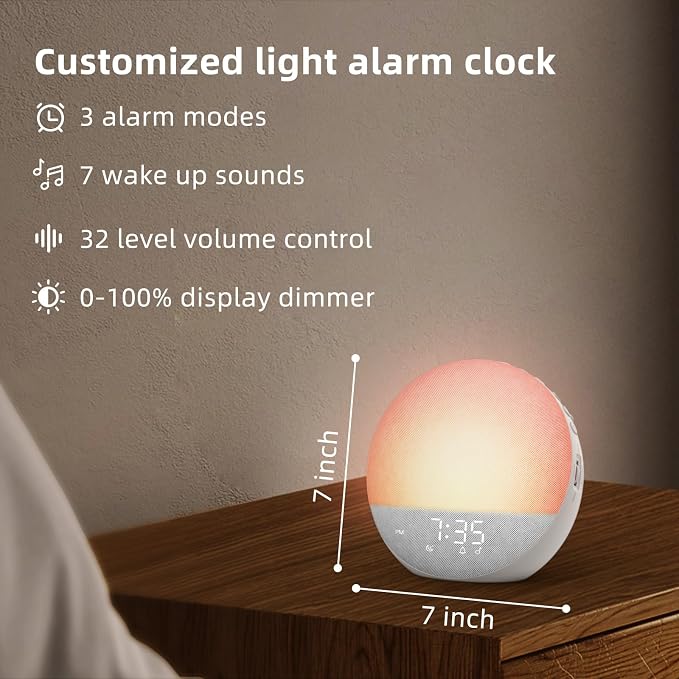 Odokee Sunrise Alarm Clock White Noise Machine: Natural Wake Up Light | Dimmable Clock with Bluetooth Speaker for Bedroom - 25 Sleep Sounds for Baby Adults Kids Frost White