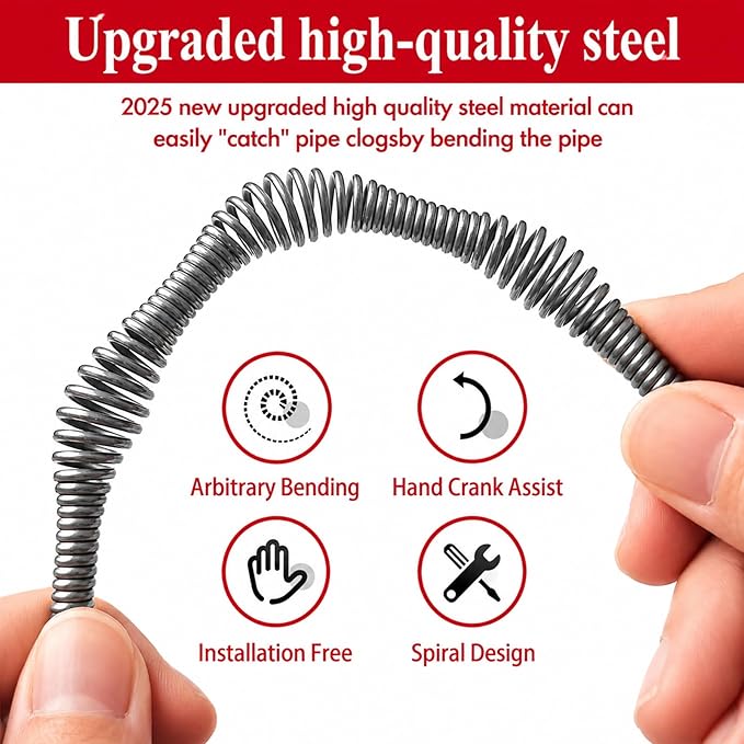 Drain Snake Auger 33 Ft, Plumbing Snake Drain Hair Clog Removal Tool, Heavy Duty Snake Auger, Sink Unclogger Drain Cleaner Tool for Bathroom Kitchen Tub Shower Drain Clog Remover with Gloves, Red