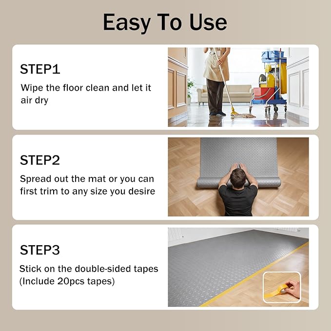 StellarStar 4x30 FT Garage Floor Mat, 2.8mm Thickened PVC Diamond Plate Garage Mat with 20PCS Tapes, Rubber Flooring Rolls for Under Car, Non-Slip Rubber Motorcycle Mat for Golf Cart, Trailer, Gray