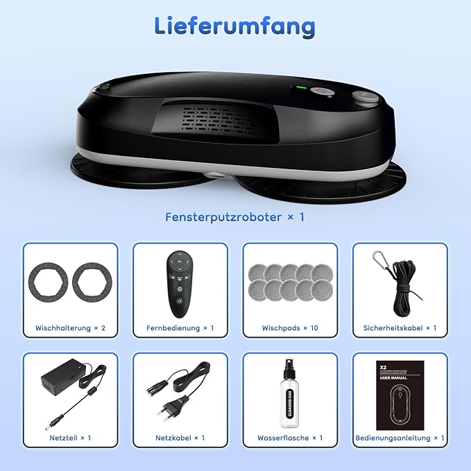 2026 Updated X2 Window Cleaning Robot - Enhanced Battery, Max 3200Pa, Path Planning, Anti-Slipping, Edge Detection, Window Cleaner Robot for High-Rise Windows, Black (2 pairs of nozzles, 10 cloths)