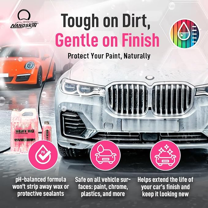 Nanoskin WASH N' WAX with Carnauba 30 gallons - Cleans & Shines in One Step | Works with Foam Cannon, Foam Gun, Bucket Washes, Pressure Washer | Carnauba Wax Protection for Cars