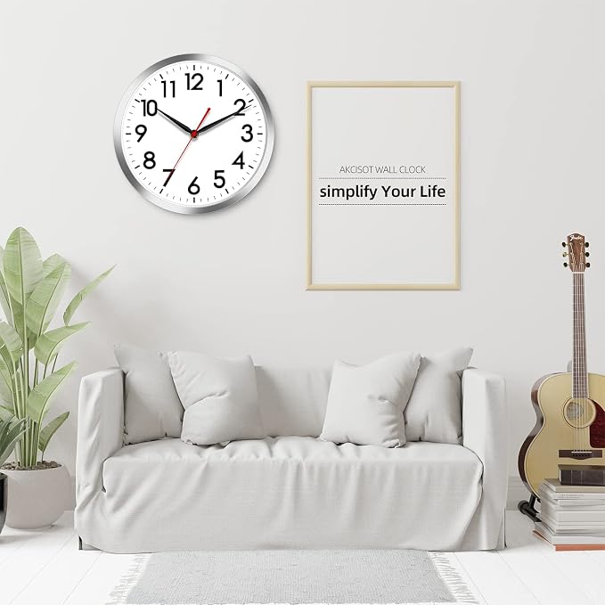 AKCISOT 14 Inch Wall Clock, Battery Operated Analog Clock, Silent Non-Ticking, Ideal for Bedroom, Bathroom, Kitchen, Office and School, Silver