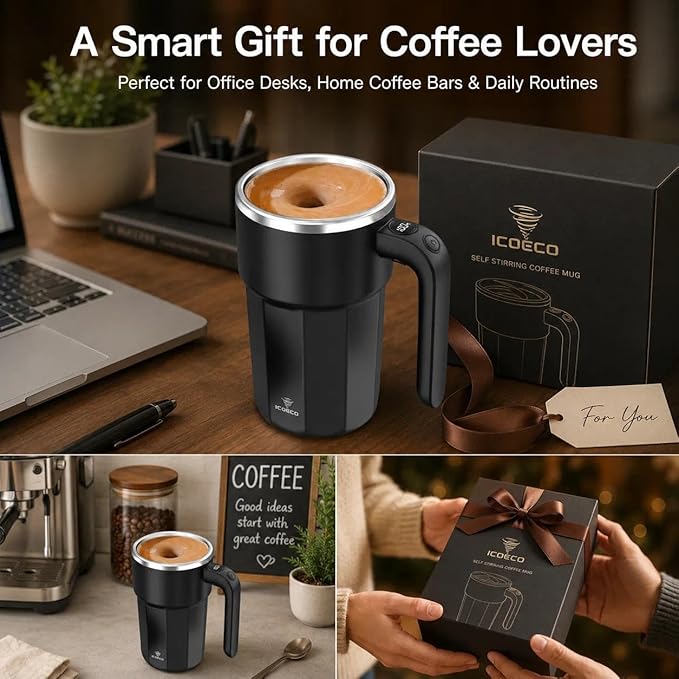 Self Stirring Coffee Mug, 12oz Rechargeable Magnetic Mixing Cup with Temperature Display, 316 Stainless Steel Electric Stirring Cup with Lid & Handle for Coffee, Cocoa, Matcha, Creamer, Mushroom Coffe