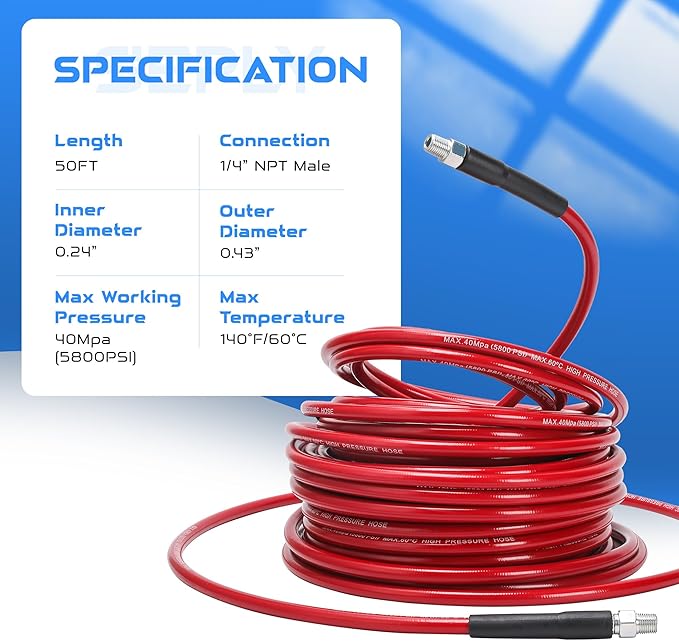 Sewer Jetter Kit for Pressure Washer 50 FT, Drain Cleaner Hose with Power Washer Gun, 1/4 Inch NPT Corner, Rotating and Button Nose Sewer Jetting Nozzle,Waterproof Tape, Pearl Corsage Pin, Spanner