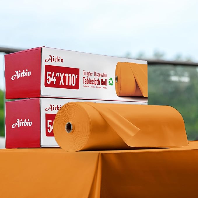 Plastic Table Cloth, 110 Ft X 54 in Disposable Tablecloth Orange Tablecloth Premium PEVA Plastic Table Cloth Disposable with Any Cut Sliding Cutters for Picnics, Parties, Birthdays, Festivals