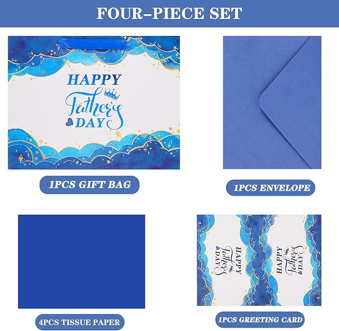 Jaywayang 12.6" Large Happy Father's Day Gift Bag with Card and Tissue Paper(Blue and White)