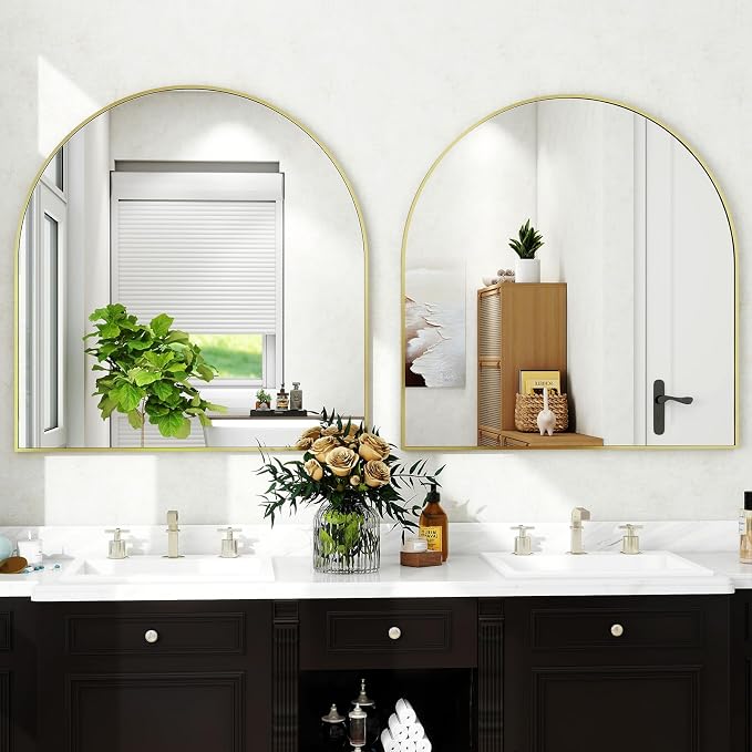 XRAMFY 31"x32" Arched Wall Mirror for Bathroom, Gold Vanity Mirror for Bedroom, Living Room, Entryway, Decorative Hanging Mirror for Wall