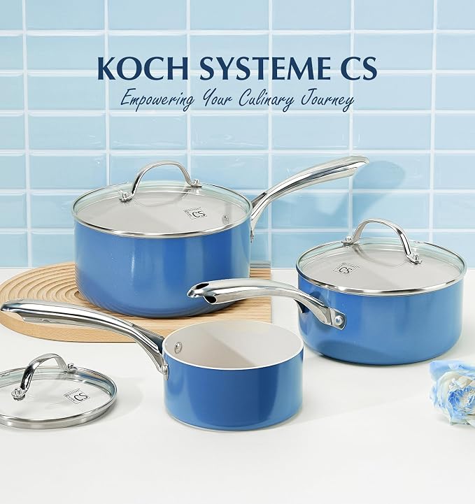 KOCH SYSTEME CS Small Saucepan with Lid, 1 Quart Nonstick Sauce Pan with PFAS-FREE Ceramic Coatings, Non-Toxic, Scratch-Resistant Small Cooking Pot with Lid, 1QT Small Sauce Pan, Blue
