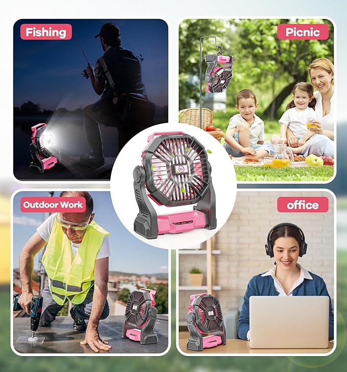 DOWILLDO 30000mAh Portable Battery Powered Camping Fan - with LED Light, Quiet Battery Operated, Camping Gear for Travel, Tent, Beach, Car or Hurricane Power Outages, Pink