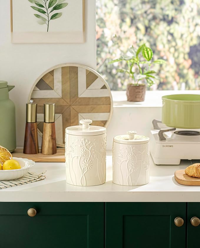 Ceramic Larger Swaying Flowers Kitchen Canister Airtight Coffee Canister For Ground Coffee Sugar Tea Storage Container White Cookie Jar For Kitchen Counter Kitchen And Bar accessories Holder