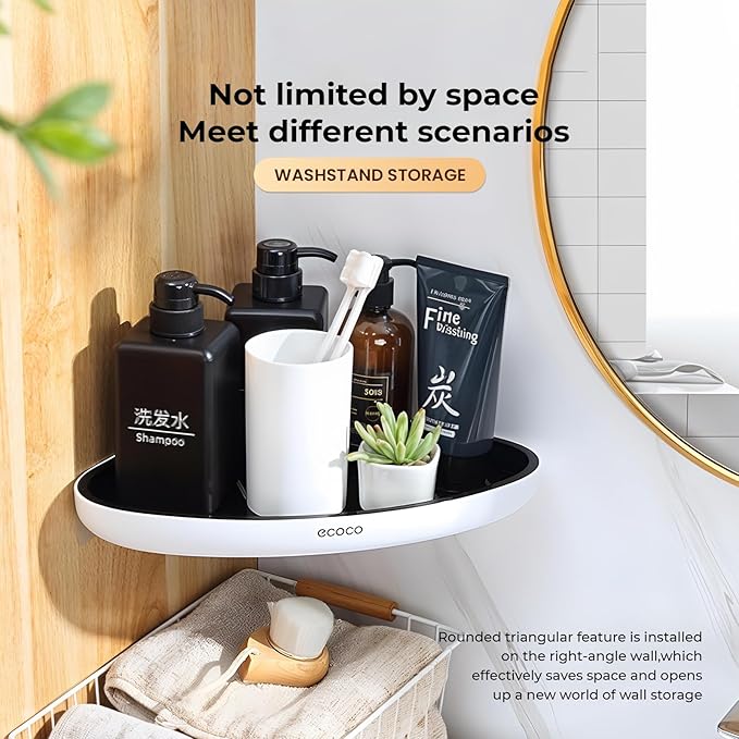 ECOCO Corner Shelf Wall Mounted, Self Adhesive Bathroom Corner Shelf Organizer, No Drill Triangle Storage Rack for Shower, Kitchen, Toilet - Waterproof ABS Plastic (Black)