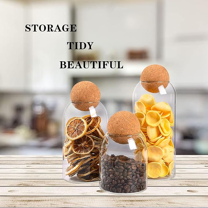 AEFPOYMXU 3 Pcs Glass Jars with Cork Ball Lid Set Kitchen Food Terrarium Airtight Clear Storage Canisters with Wooden Lids for Cookie Candy Coffee Bean Spice Sugar Rice
