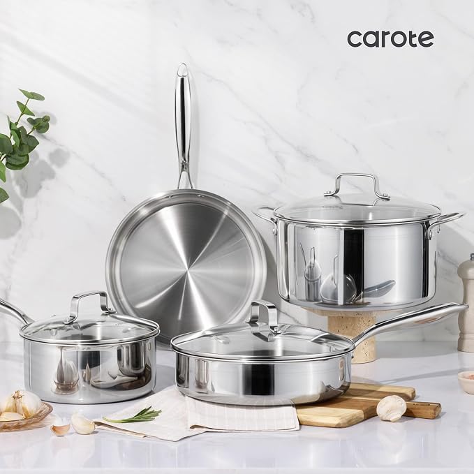 CAROTE 30 PCS Tri-Ply Stainless Steel Cookware Set, Pots and Pans Set, Non Toxic Induction Kitchen Cooking Sets, Cookware Collection, Silver