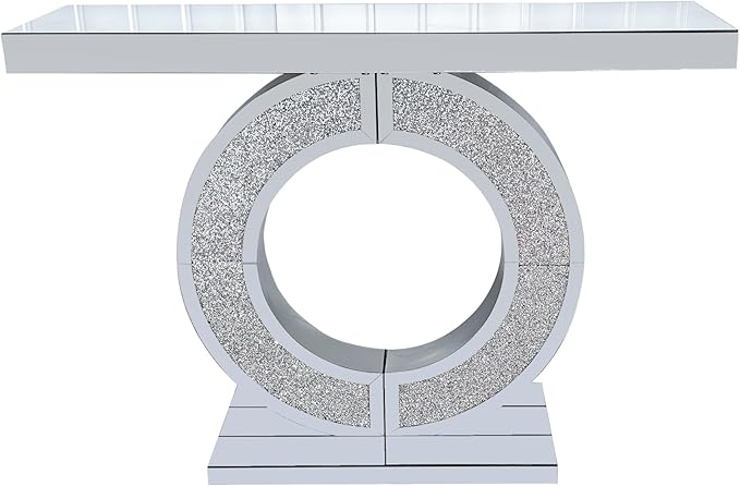 SSLine Mirror Console Table for Living Room 43" Modern Mirrored Entryway Table with Crystal O-Shape Base Luxury Silver Foyer Tables for Entryway Hallway