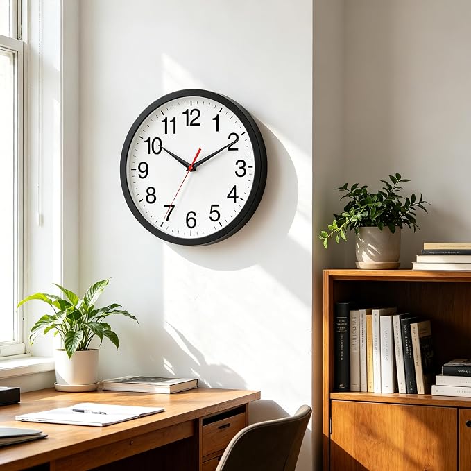 Rohioue Wall Clock Analog 10 Inch Black Battery Operated Silent Clock | Easy To Read, Non Ticking, Round, Accurate, Kitchen, Living Room, Classroom, Office, School