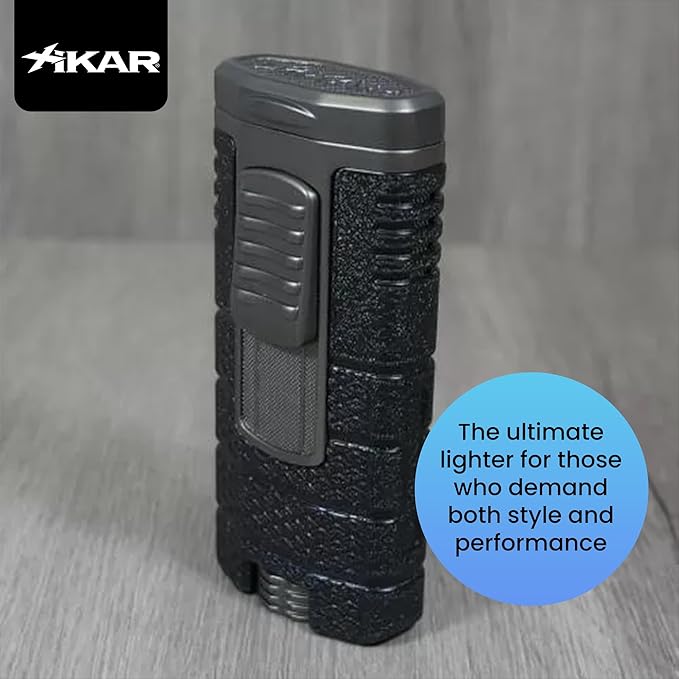 XIKAR Tactical Triple-Jet Lighter, Black and Gunmetal | Powerful Jet Flame for Cigars with Pocket Clip, EZ-View Fuel Window, Adjustable Flame Height & Pull Down Ignition Trigger, Ideal for Outdoor Use