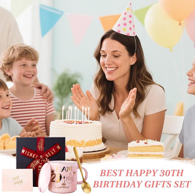 Funny 30th Birthday Gifts for Women - 14oz Pink Marble Ceramic Coffee Mug with Cheeky 29+1 Joke, Elegant Gold Print, Include Greeting Card & Beautiful Gift Box, Perfect for Birthday Celebration, Party
