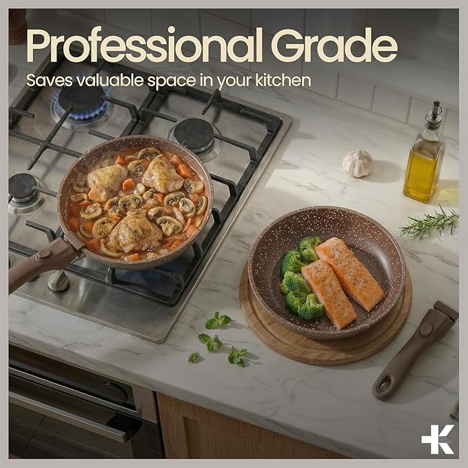 Pots and Pans Set Non Stick Ceramic-Granite – 14-Piece Cookware with Detachable Handles, Stackable Space-Saving, Dishwasher Safe, Stain-resistant, Oven & All-Stove Safe, Tempered Glass Lids, Brown
