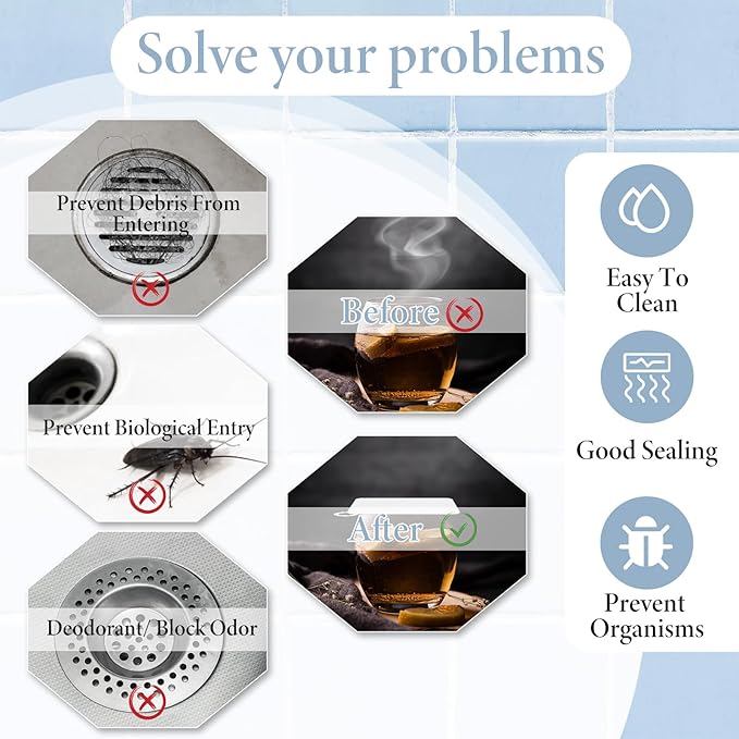 Drain Covers to Keep Bugs Out 2 Pieces Silicone Shower Drain Cover Square Anti-Odor Mat Deodorizing Plugs for Bathroom Kitchen Laundry (White 5x5 Inch)