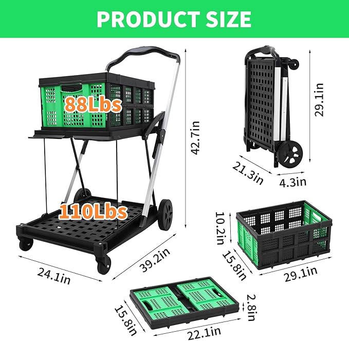2 Tier Folding Shopping Carts for Groceries, 198 LB Capacity, Collapsible Portable Grocery Cart with Wheels & Removable Crate, Lightweight Foldable Shopping Trolley for Mall Market, Green