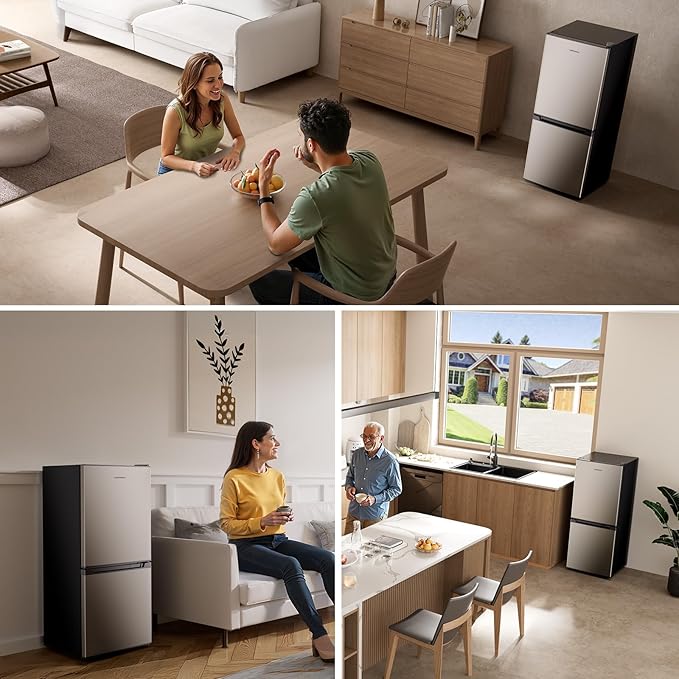 Upstreman 4.0 Cu.Ft Mini fridge with Bottom Freezer, Double Door, Low Noise Large Capacity Fridge, for Bedroom, Apartment, Kitchen, BM40 (Stainless)