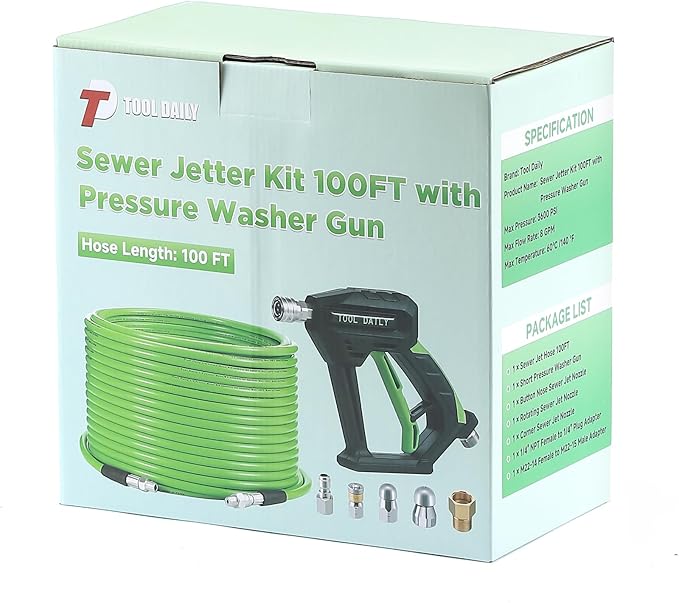 Tool Daily Sewer Jetter Kit for Pressure Washer 100 FT, Short Power Washer Gun, Drain Cleaner Hose 1/4 Inch NPT, Corner, Rotating and Button Nose Sewer Jetting Nozzle, 3600 PSI